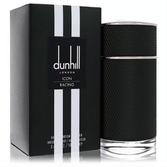 Dunhill Icon Racing men's 3.4 oz EDP: bold black diamond-textured bottle, silver accents, and iconic racing stripe box.