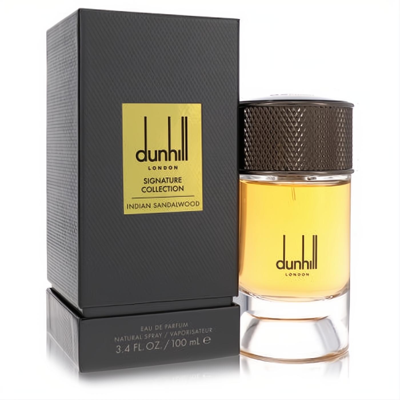 Dunhill Indian Sandalwood 3.4 oz EDP for men. Elegant black box and clear bottle with rich amber fragrance, featuring a textured black cap.