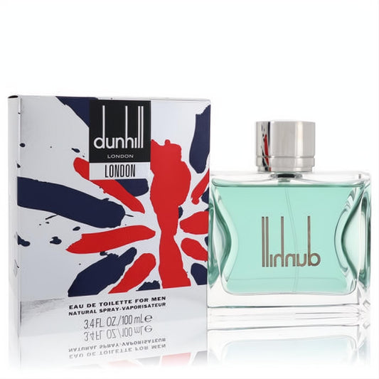 Dunhill London men's EDT, 3.4 oz. Sophisticated clear glass bottle with aqua liquid, silver cap, and modern white box.