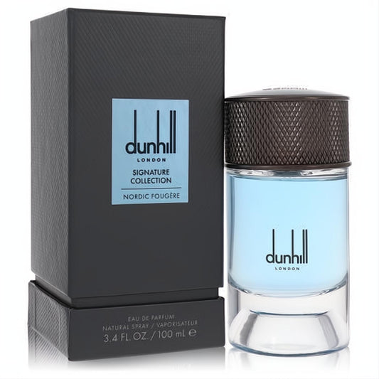 Experience Dunhill Nordic Fougere 3.4 oz men's EDP: elegant light blue bottle, textured bronze cap, and sophisticated black box.