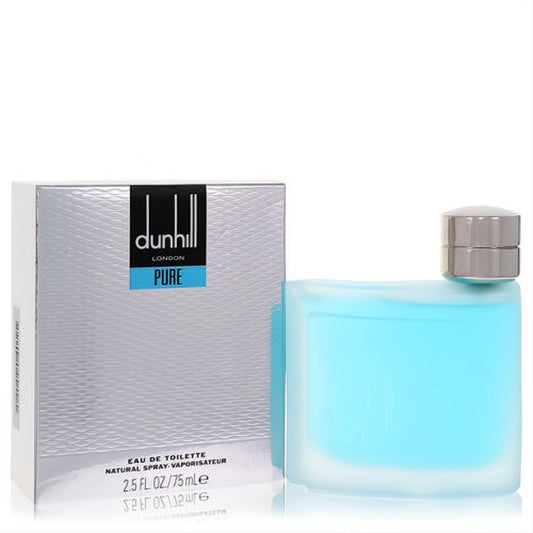 Dunhill Pure EDT 2.5 oz for men. Modern frosted blue glass bottle with a sleek silver cap and matching silver box.