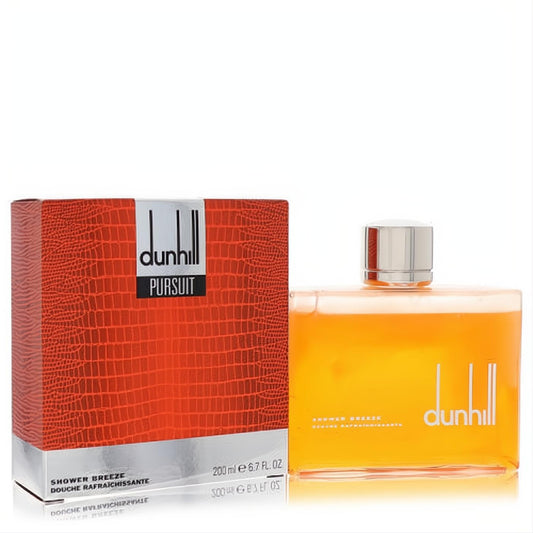 Invigorating Dunhill Pursuit Shower Breeze for men. Amber gel in a sleek bottle with silver cap, beside a bold red crocodile-textured box.