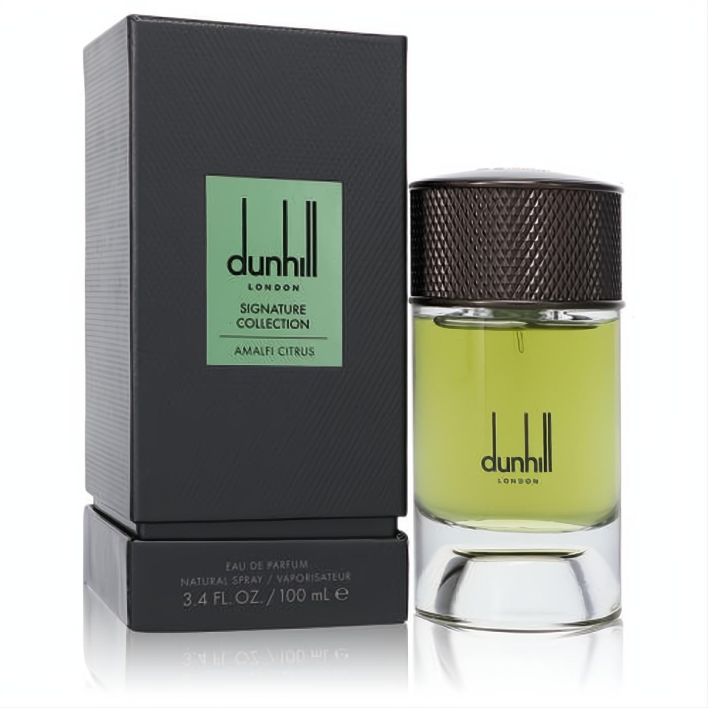 Dunhill Signature Collection Amalfi Citrus 3.4 oz Eau de Parfum. Elegant clear glass bottle with vibrant green liquid and sleek black box.