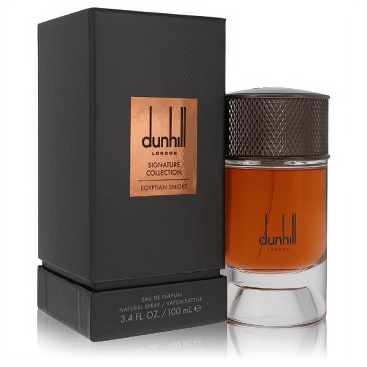 Dunhill Egyptian Smoke 3.4 oz EDP. Sophisticated black box with bronze plaque, amber bottle, and textured dark bronze cap.
