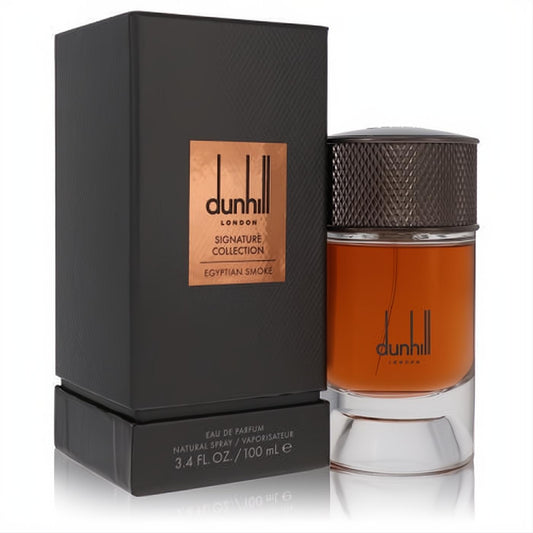 Dunhill Egyptian Smoke 3.4 oz EDP. Sophisticated black box with bronze plaque, amber bottle, and textured dark bronze cap.