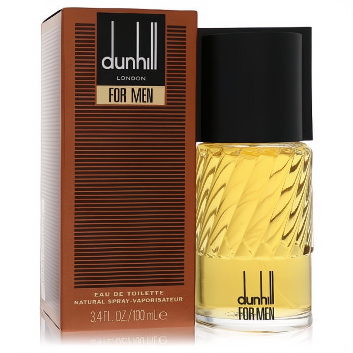 Elegant Dunhill for Men 3.4 oz EDT. Clear textured glass bottle with amber liquid, sleek black cap, and striped bronze box.