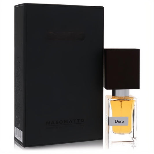 Duro by Nasomatto 1 oz men's extrait de parfum. Amber liquid in a clear bottle with a dark square cap, beside its sleek black box.