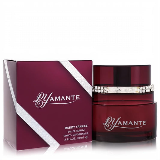 Dyamante by Daddy Yankee women's 3.4 oz EDP. Luxurious deep red bottle with dazzling crystal band, next to its elegant matching box.