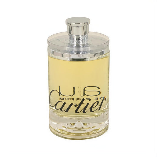Elevate your scent with Eau De Cartier 3.3 oz unisex Eau De Parfum. Sleek clear bottle, silver cap, crisp yellow liquid.