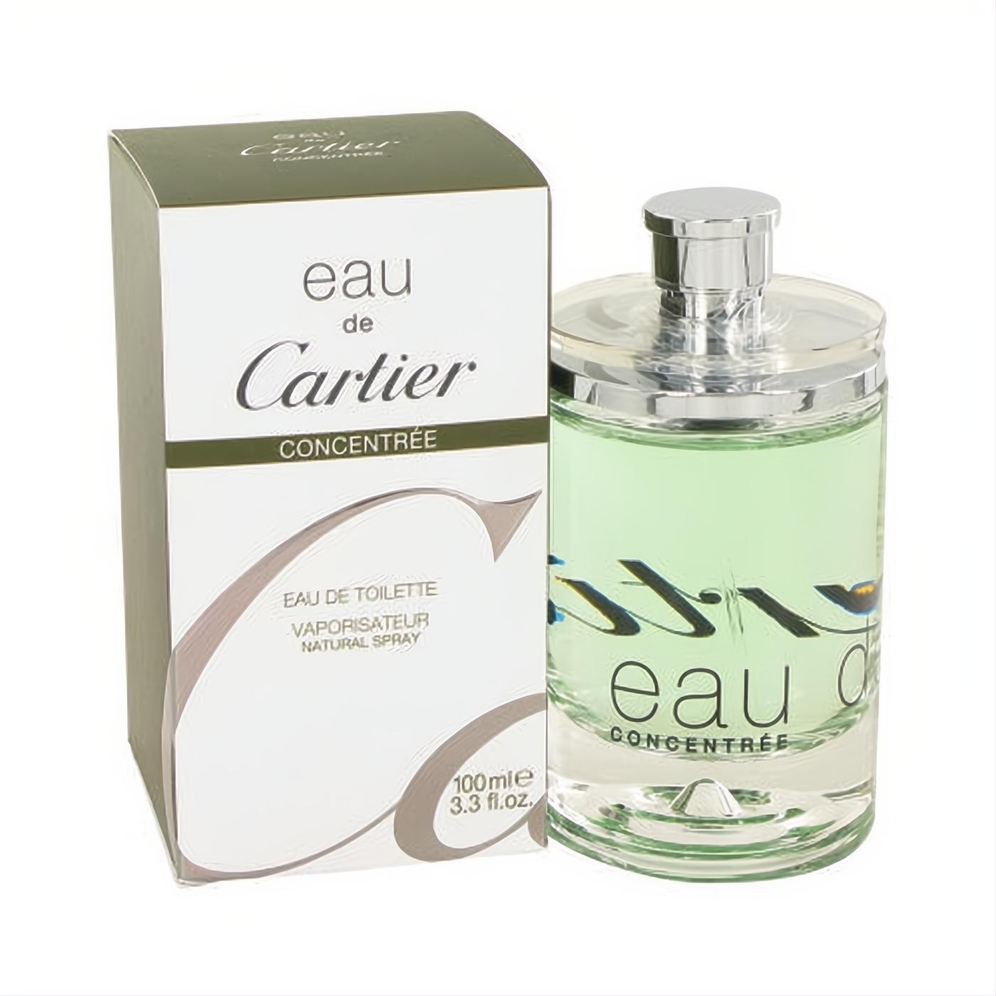 Elegant Eau de Cartier Concentrée 3.3 fl.oz. EDT spray in a clear glass bottle with refreshing green liquid and matching box.