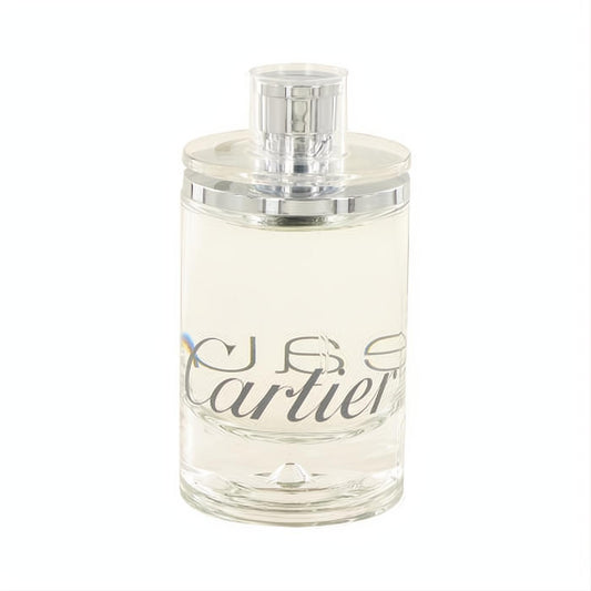 Elegant EAU DE CARTIER unisex EDT spray in a clear glass bottle with a sleek silver cap and iconic Cartier logo.