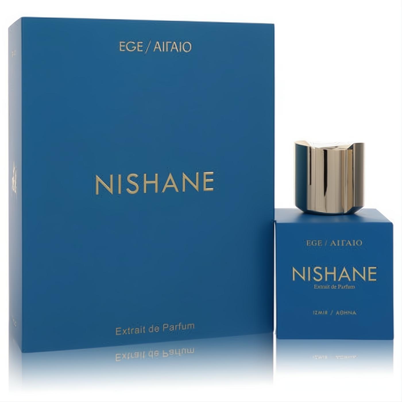 Nishane EGE Ailaio Extrait de Parfum: Elegant deep blue bottle, gold cap, and matching gift box. Luxurious unisex fragrance.