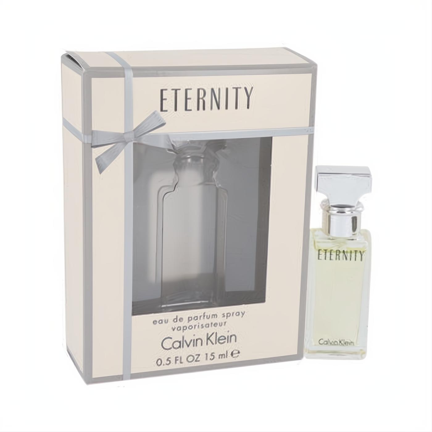 Timeless Calvin Klein Eternity .5 oz Eau de Parfum spray in a clear glass bottle with silver cap, beside its elegant beige box.