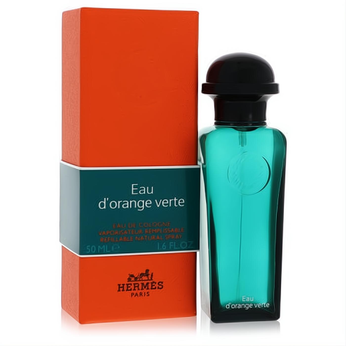 Hermes Eau D'Orange Verte 1.6 oz unisex cologne. Refillable teal glass bottle, black cap, with its vibrant orange and teal box.