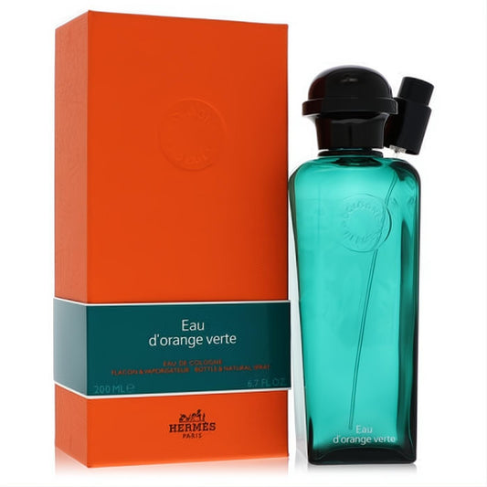 Elegant Hermes Eau D'Orange Verte 6.7 oz unisex cologne in a refreshing teal glass bottle with black cap, beside its signature orange box.