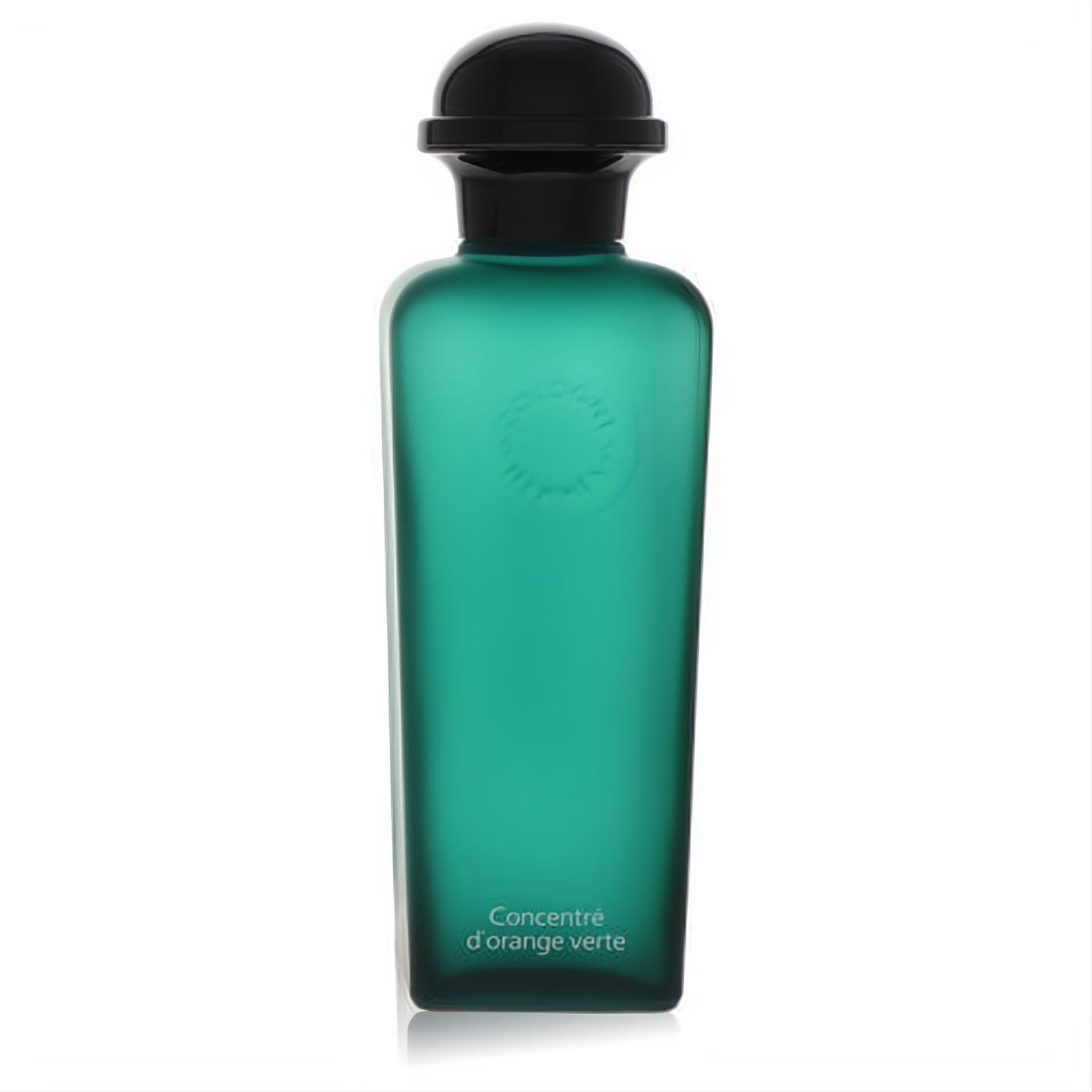 Hermes Eau D'Orange Verte unisex tester. Elegant emerald green glass bottle with "Concentré d'orange verte" and sleek black cap.