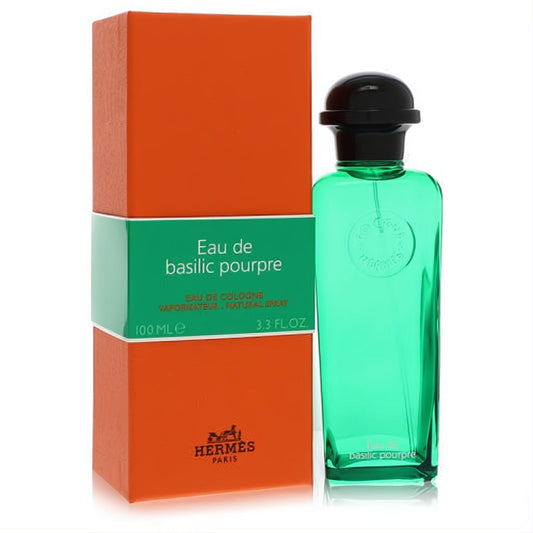Hermes Eau De Basilic Pourpre 3.3 oz unisex cologne: a sleek green bottle with black cap, paired with its vibrant orange and green box.