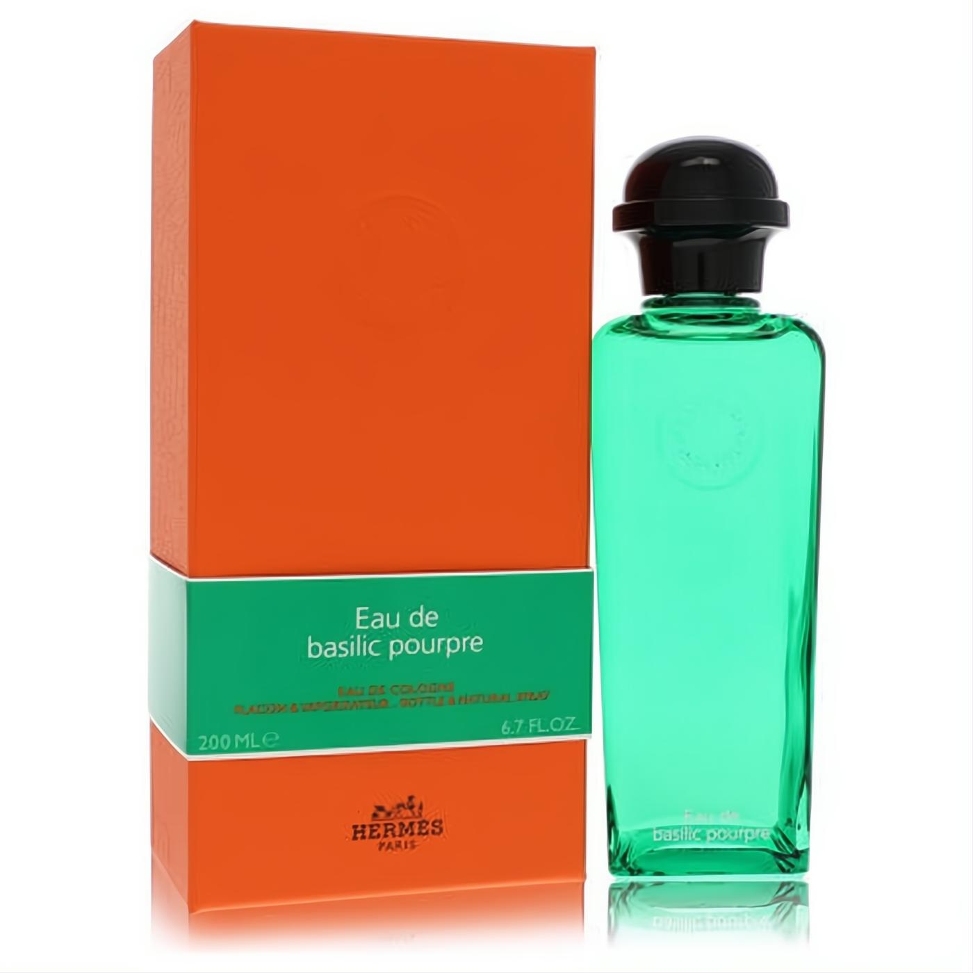 Experience Hermes Eau De Basilic Pourpre 6.7 oz unisex cologne. Sleek green glass bottle, black cap, and signature orange box.