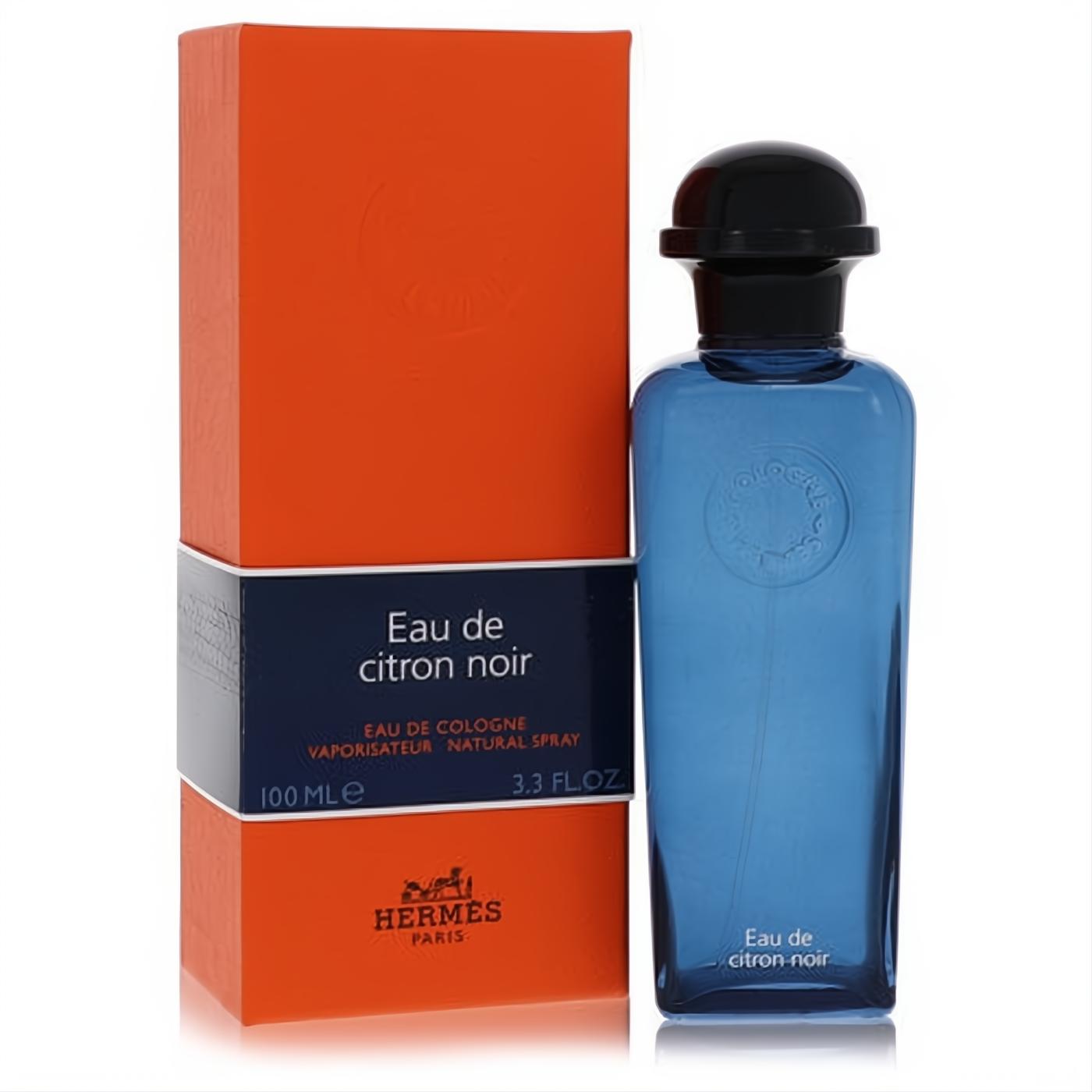 Hermes Eau De Citron Noir 3.3 oz unisex cologne. Striking blue bottle with black cap and vibrant orange packaging.
