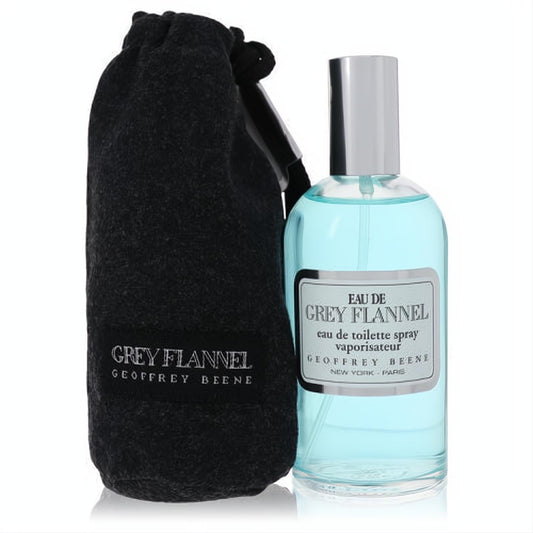 Sophisticated Grey Flannel 4 oz EDT spray with light blue liquid, silver cap, and luxurious dark grey travel pouch.