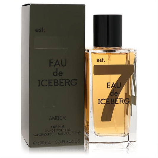 Elegant Eau De Iceberg Amber men's EDT, 3.3 oz. Clear glass bottle with warm amber liquid, bold '7' graphic, black cap, and sleek dark olive box.