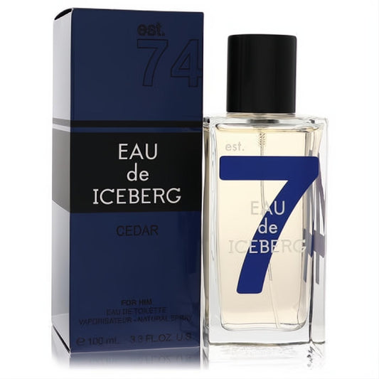 Iceberg Cedar 3.3 oz men's Eau de Toilette. Clear glass bottle, black cap, bold blue "7" design, beside its sleek dark blue box.