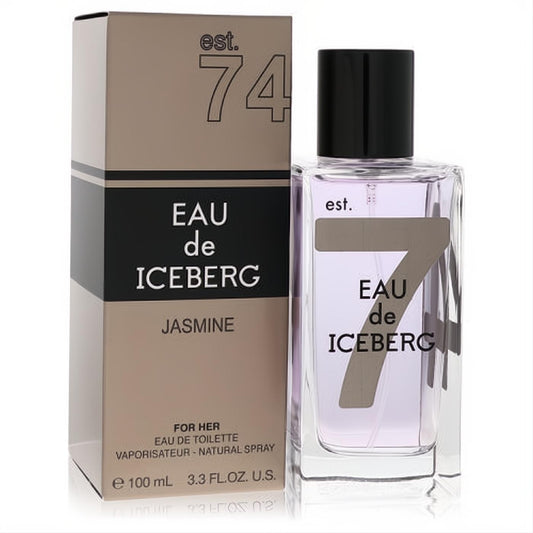 Elegant Eau De Iceberg Jasmine 3.3 oz EDT spray. Clear bottle with lavender liquid, black cap, and matching beige box featuring 'est. 74' design.