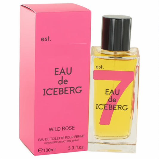 Iceberg Wild Rose 3.3 fl.oz. EDT. Bold pink box and sleek glass bottle with yellow liquid, black cap, and "EAU de ICEBERG" label.
