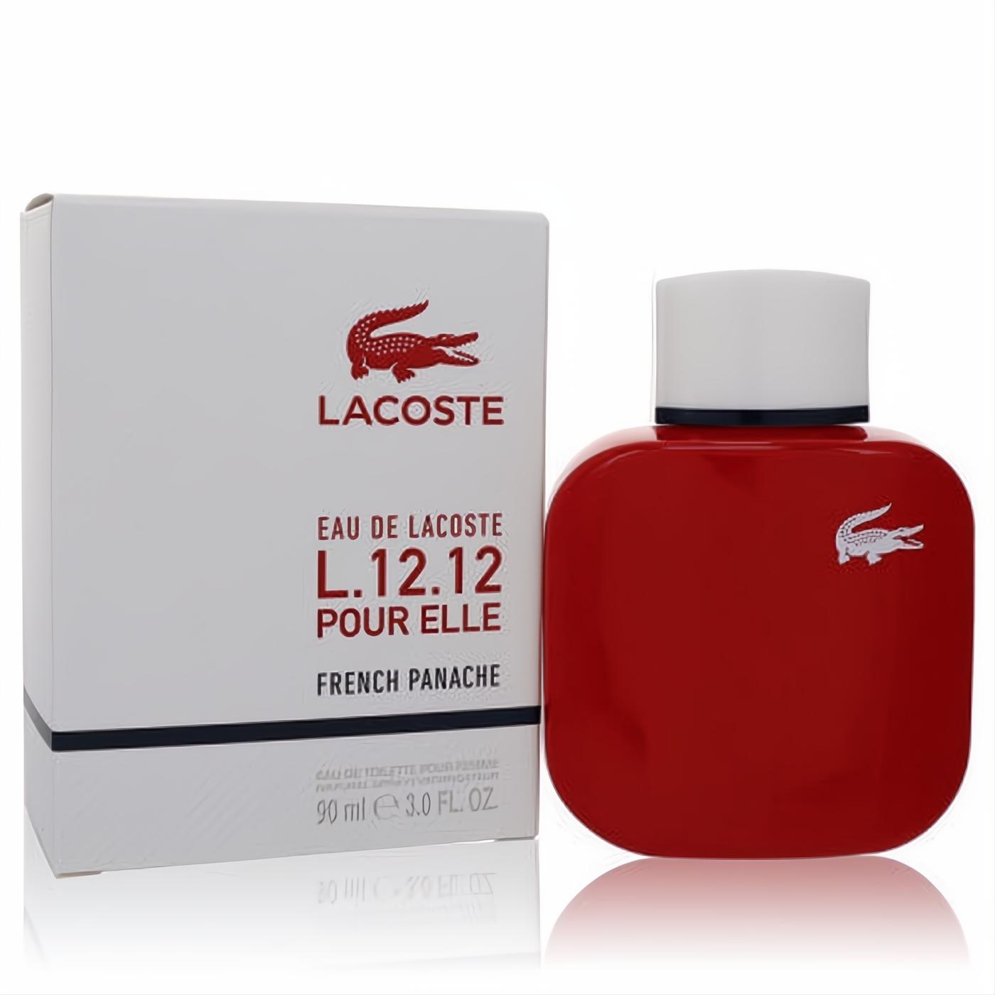 Vibrant red Lacoste L.12.12 Pour Elle French Panache 3 oz perfume bottle with white cap and iconic silver crocodile.