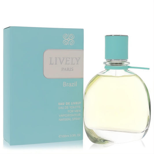Lively Brazil Eau De Toilette 3.3 oz for men. Fresh cologne in a clear rounded bottle with a turquoise cap, next to its matching teal box.
