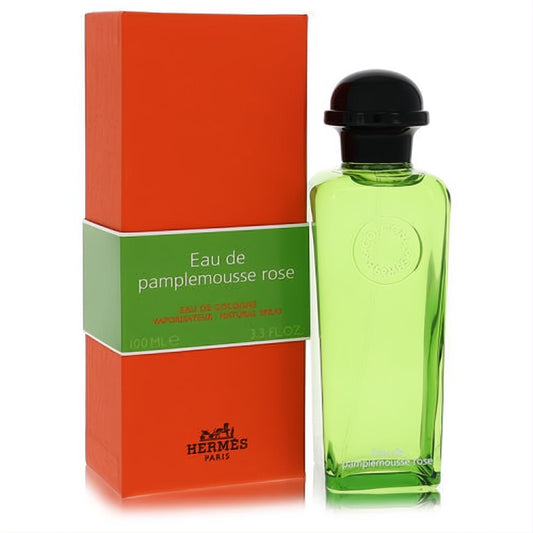 Discover Hermes Eau De Pamplemousse Rose 3.3 oz cologne spray. Elegant bottle with luminous lime green liquid, paired with a chic orange and green box.