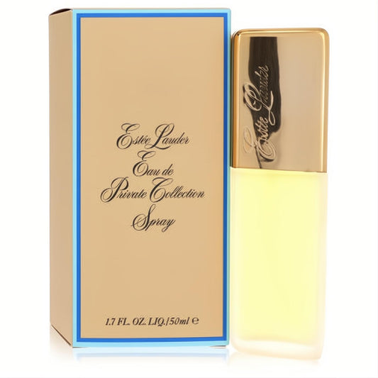 Elegant Estee Lauder Eau De Private Collection 1.7 oz women's fragrance. Frosted bottle with a luxurious gold cap, displayed with its chic beige box.