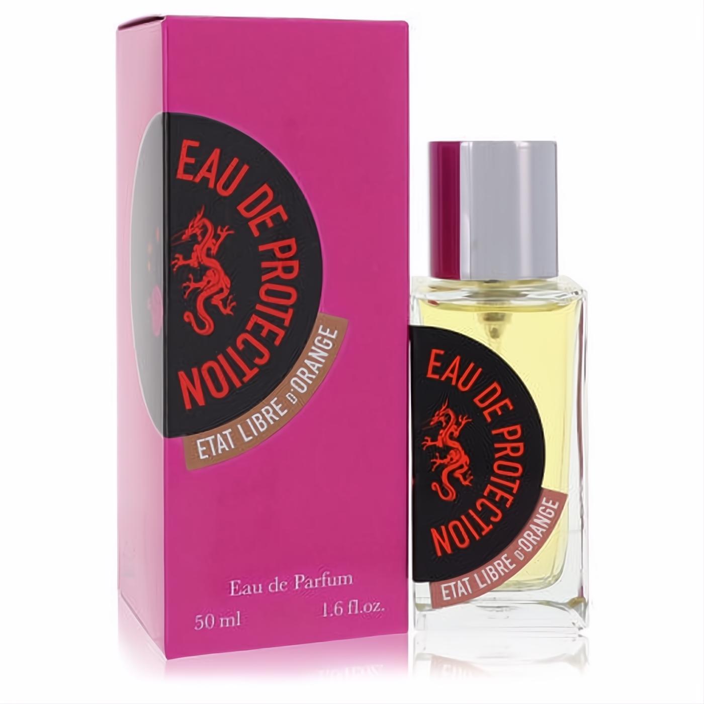 Etat Libre D'Orange Eau De Protection 1.6 oz EDP spray. Clear glass bottle with red dragon label and vibrant magenta box.