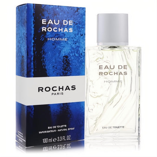 Sophisticated Eau De Rochas Homme 3.4 oz EDT spray. Clear textured glass bottle with a fresh blue water-design box.