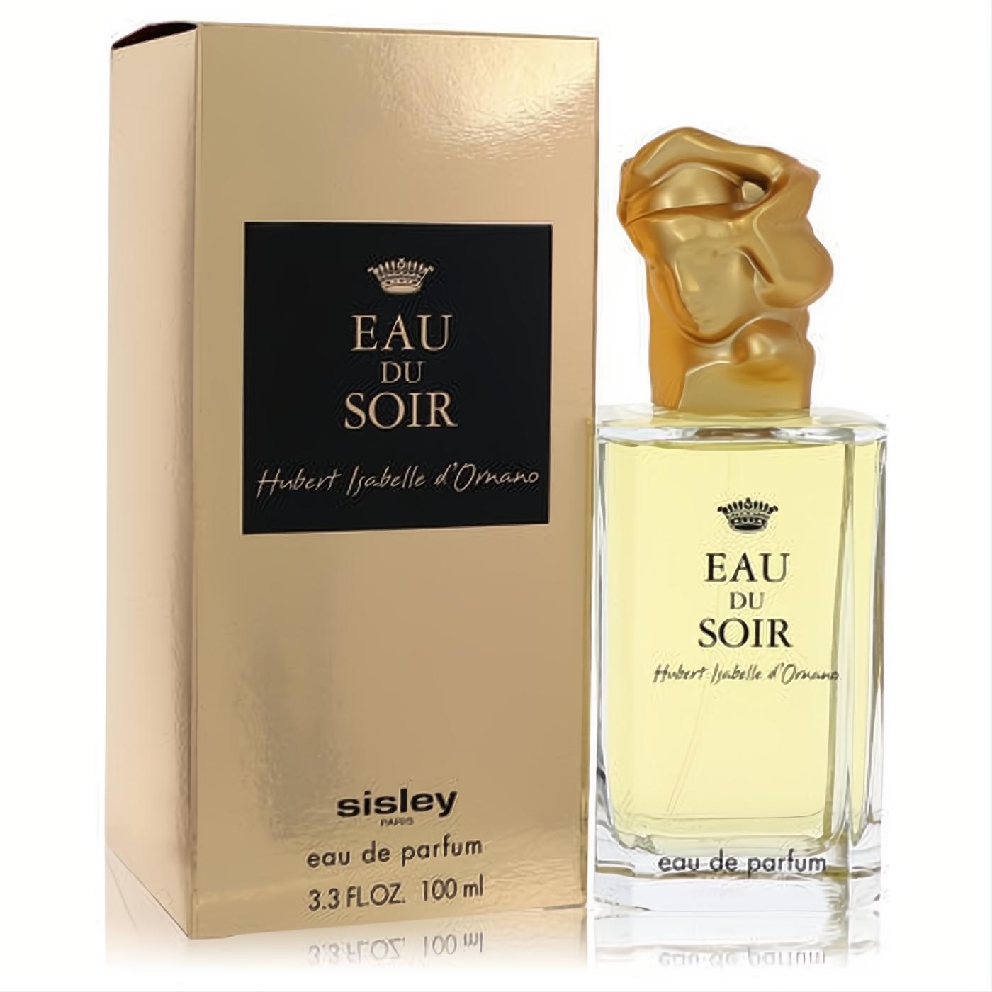 Luxurious Sisley Eau Du Soir 3.3 oz EDP with clear bottle, golden liquid, distinctive gold sculptural cap, and elegant gold box.