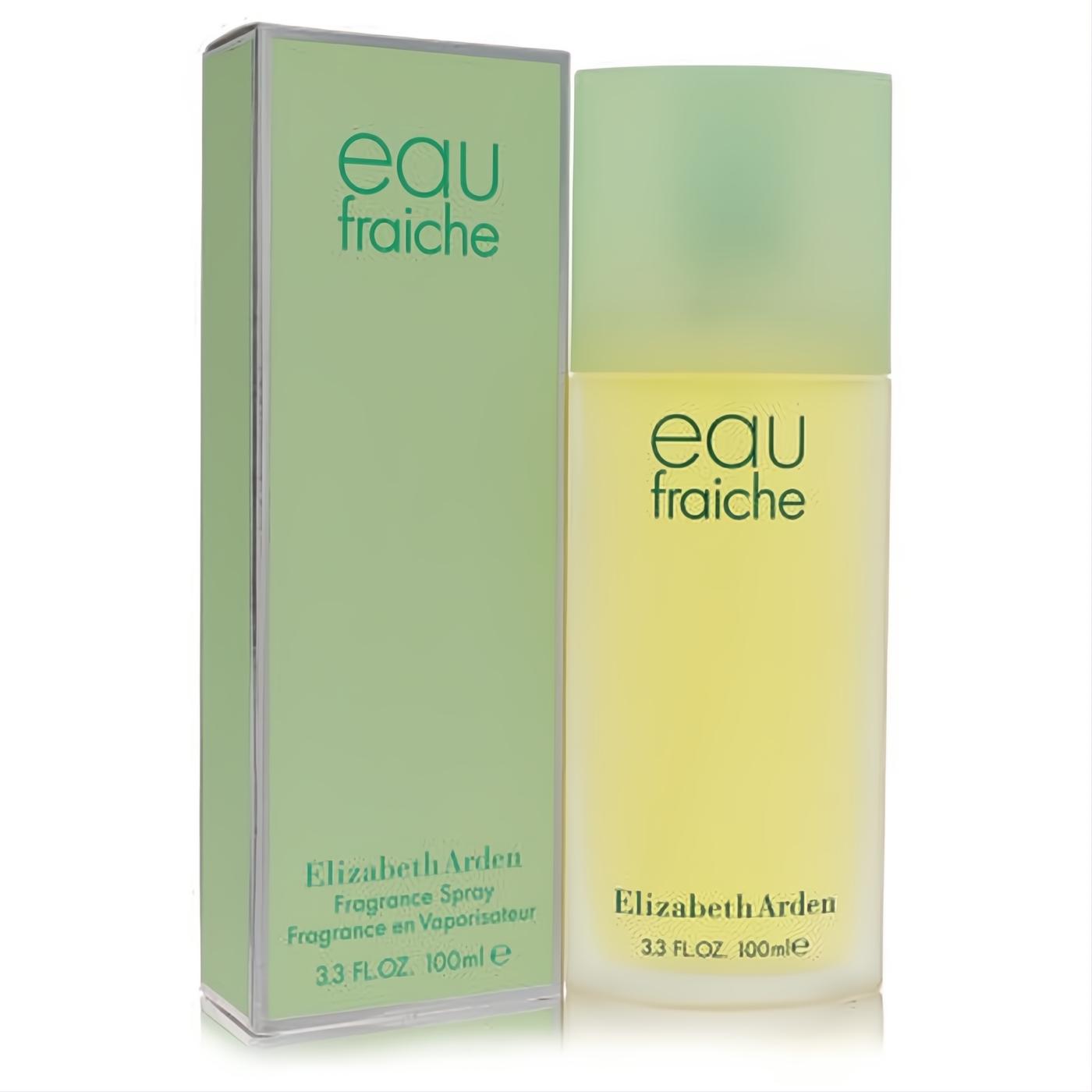 Elegant Elizabeth Arden Eau Fraiche 3.3 oz women's fragrance spray. Clear glass bottle with refreshing yellowish liquid, frosted green cap, and matching green box.