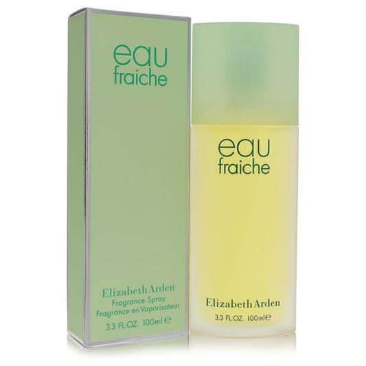 Elegant Elizabeth Arden Eau Fraiche 3.3 oz women's fragrance spray. Clear glass bottle with refreshing yellowish liquid, frosted green cap, and matching green box.
