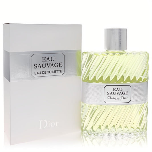 Dior Eau Sauvage 33.8 oz men's EDT. Textured glass bottle with refreshing yellowish-green fragrance and elegant white box.