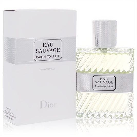 Christian Dior Eau Sauvage men's EDT spray, clear ribbed glass bottle with silver cap, and elegant white box.