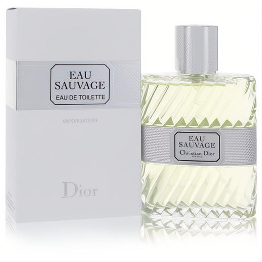 Sophisticated men's Eau Sauvage Dior EDT. Clear ribbed glass bottle, silver cap, and iconic white box.