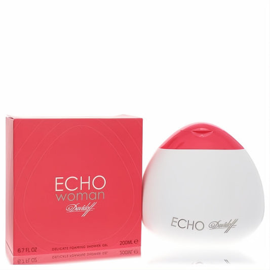 Indulge in Echo by Davidoff Woman shower gel. Vibrant red 6.7 oz box and sleek white bottle with a pink cap.