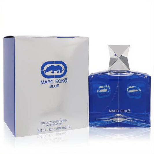 Marc Ecko Blue 3.4 oz men's EDT. Striking blue glass bottle with faceted silver cap, beside its iconic rhino logo box.