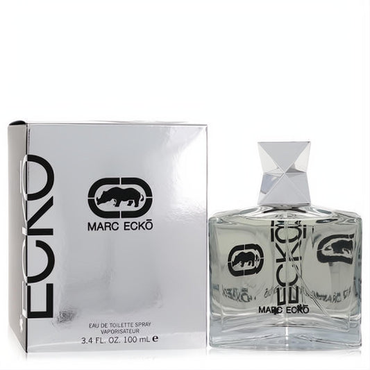 Ecko by Marc Ecko 3.4 oz men's EDT. Clear glass bottle, silver faceted cap, and matching silver box with bold black rhino logo.