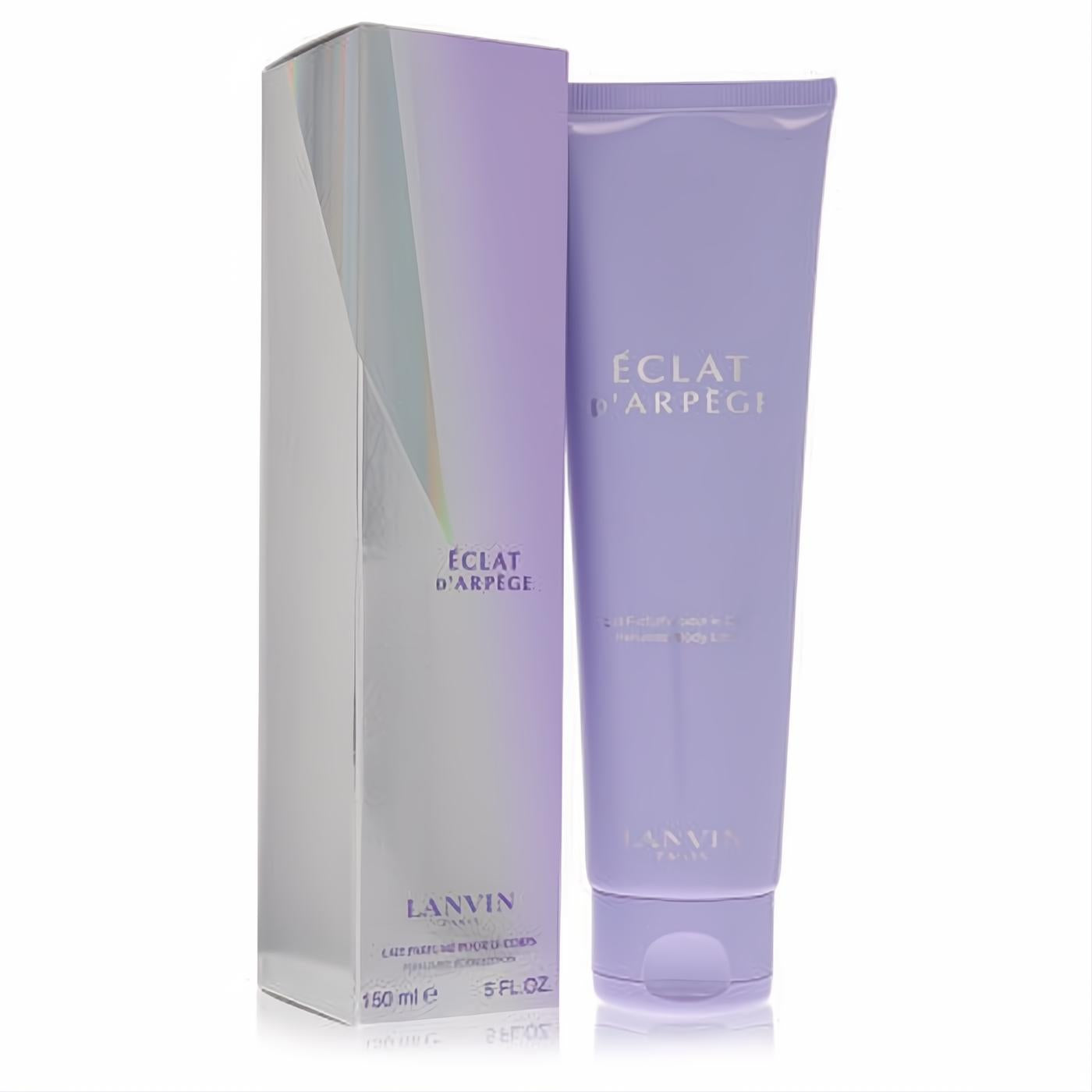 Luxurious Lanvin Eclat D'Arpege 5 oz body lotion in a soft lavender tube, displayed with its elegant iridescent packaging.