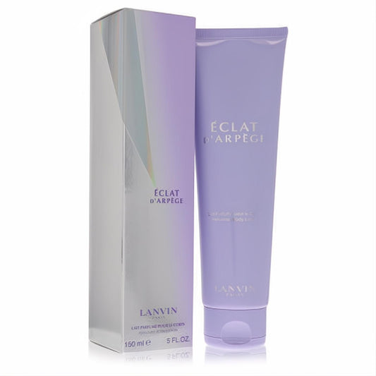 Luxurious Lanvin Eclat D'Arpege 5 oz body lotion in a soft lavender tube, displayed with its elegant iridescent packaging.