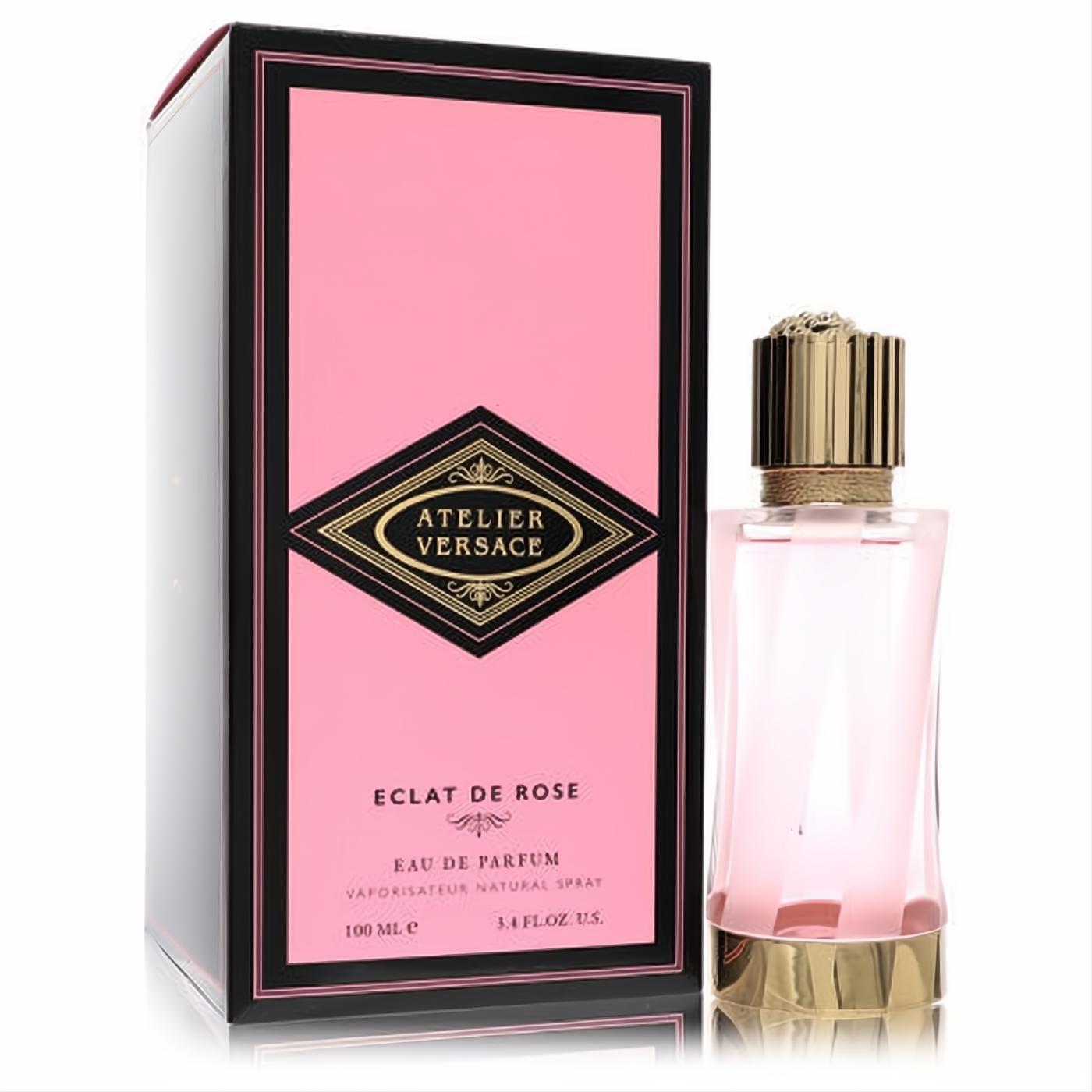 Luxurious Versace Eclat De Rose 3.4 oz EDP. Elegant clear bottle with pink fragrance, gold cap, and chic black & pink box.