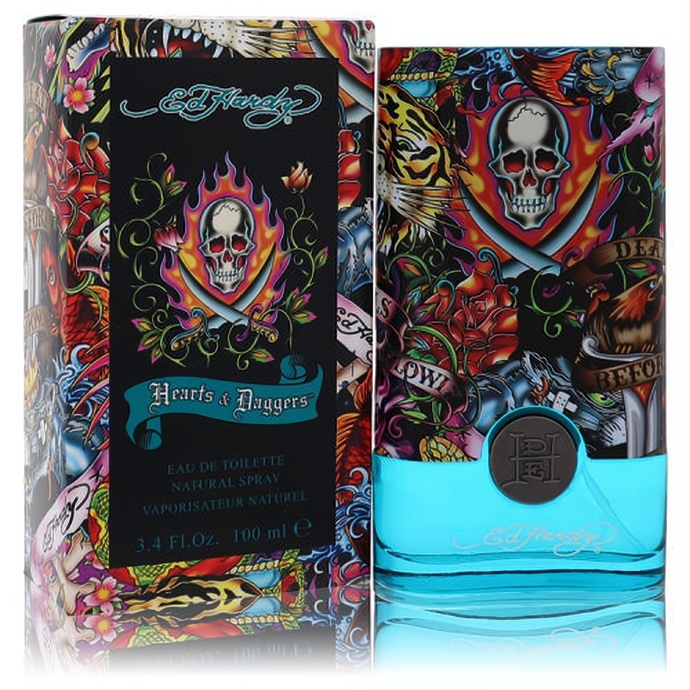 Ed Hardy Hearts & Daggers 3.4 oz men's cologne. Aqua bottle and black box showcase iconic vibrant tattoo art with skulls and daggers.