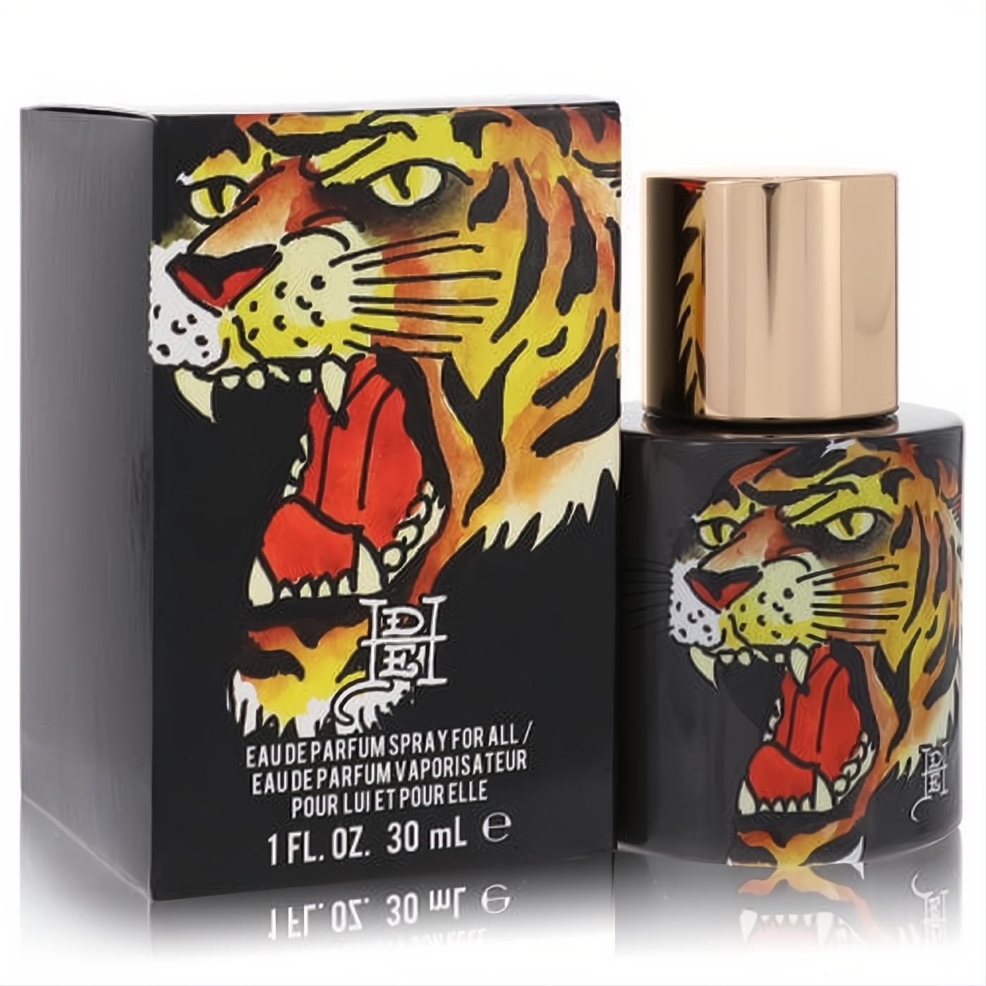Ed Hardy Tiger Ink 1 oz unisex EDP spray. Striking black bottle and box with vibrant roaring tiger artwork, gold cap.