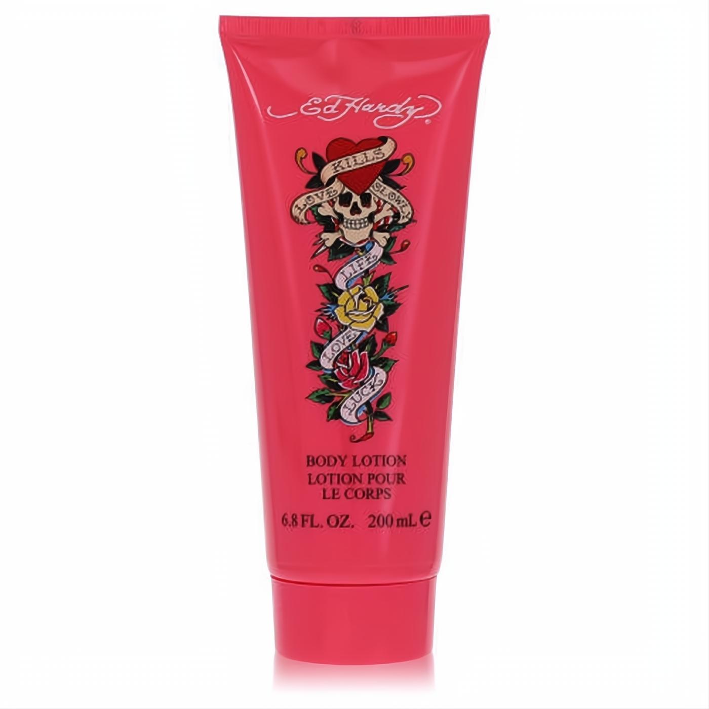 Iconic Ed Hardy 6.8 oz pink body lotion tube with vibrant skull and rose tattoo art. Experience luxurious hydration.