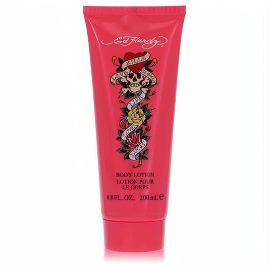 Iconic Ed Hardy 6.8 oz pink body lotion tube with vibrant skull and rose tattoo art. Experience luxurious hydration.